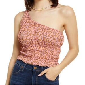 Nordstrom One Shoulder Floral Top Size Small Pink Brown BP Allison Ruched Blouse